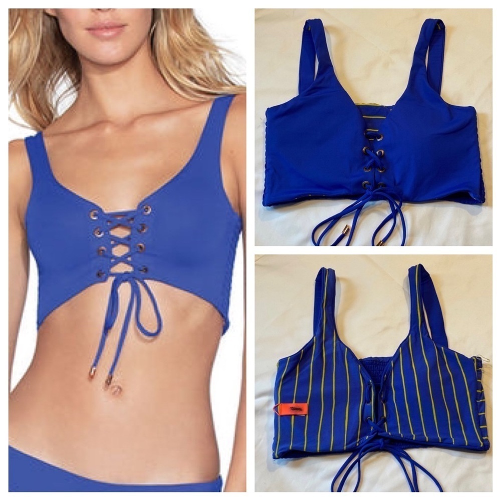 New! Maaji reversible PACIFIC BLUE SMOCKING DAZZLE BIKINI TOP 14452 NWOT